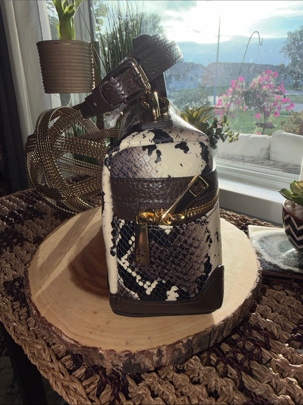 Python-Texture Top Handle Crossbody Bag in Black and Cream - Picture 3 of 7